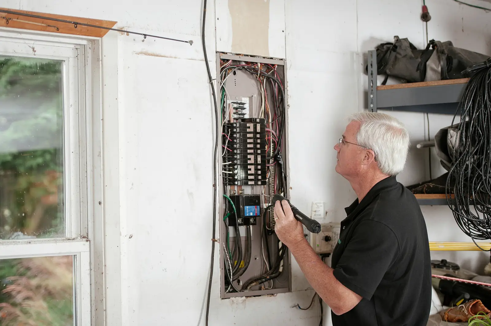 Électricien contrôlant le tableau électrique d'une maison